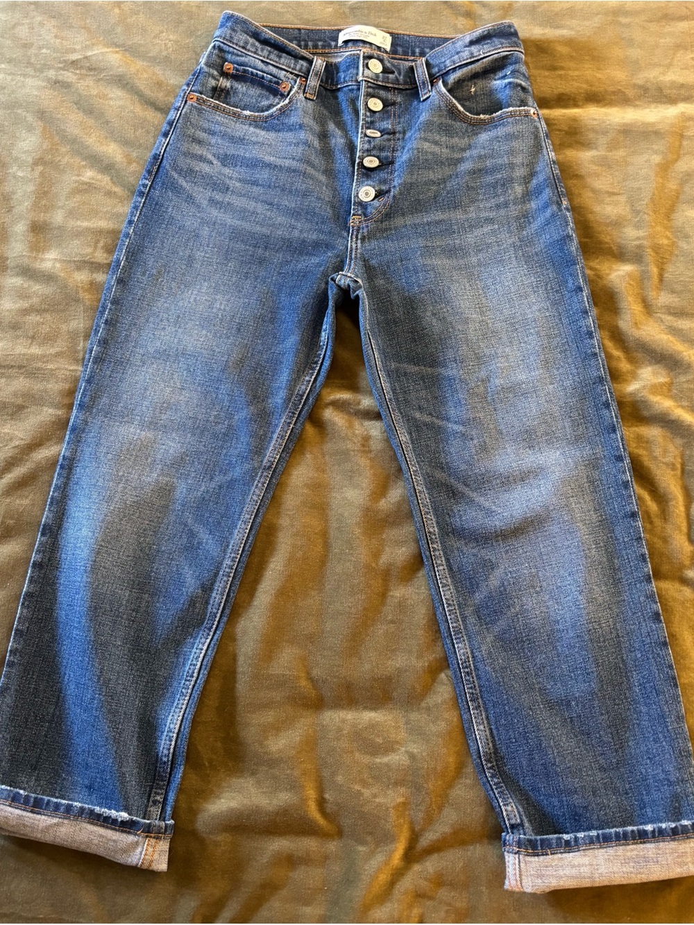 Abercrombie & Fitch Dark Blue Straight-Leg Button-Fly Jeans- High Rise